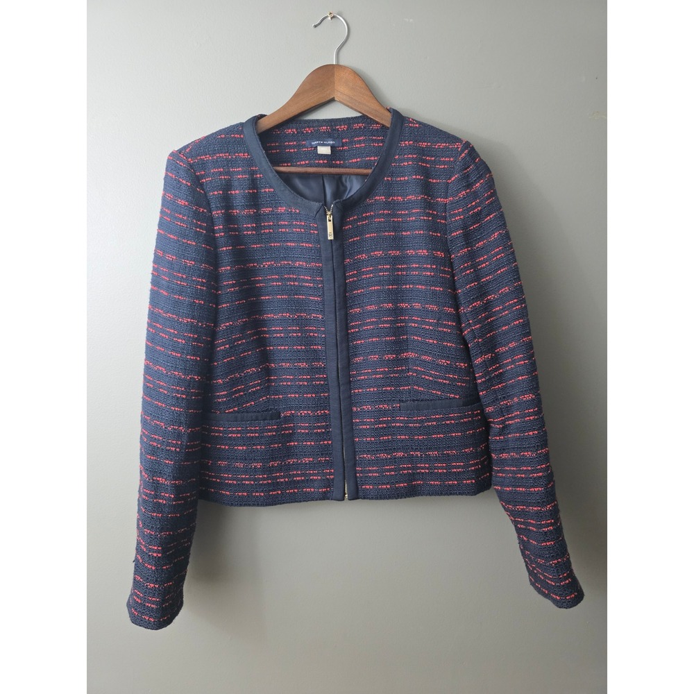 Tommy Hilfiger Womens Navy Blue Red Striped Tweed Full Zip Jacket Size 12